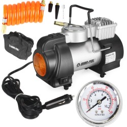 Compressore per Auto 12V | 25x10x18 cm | Lunghezza Cavo 2,8 m | Pressione Massima 10 Bar | Piedini in Gomma | Portatile | con Manometro | 3 Ugelli Intercambiabili